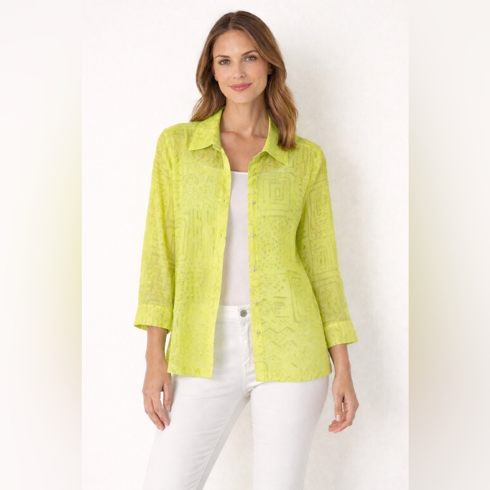 Additions by‎ CHICO’s Chartreuse Maze-Print Shirt Size 0